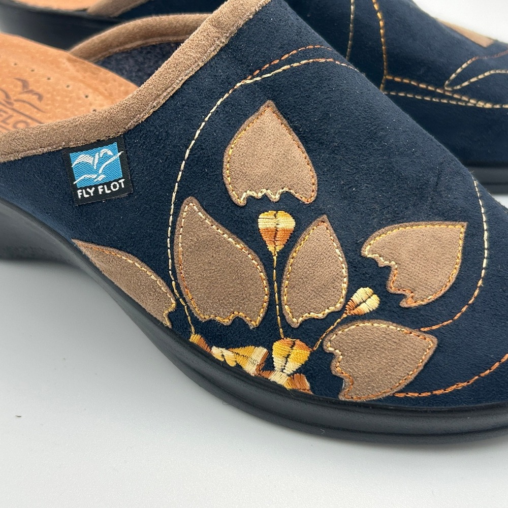 Fly Flot Anatomic Embroidered Blue Fall Leaves Mule Shoes Clog Comfort 40 NWT